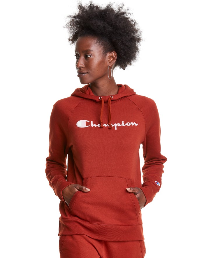 Champion Powerblend Fleece Script Logo Hoodie Dames - Bruin - Belgie 3482TQEVY